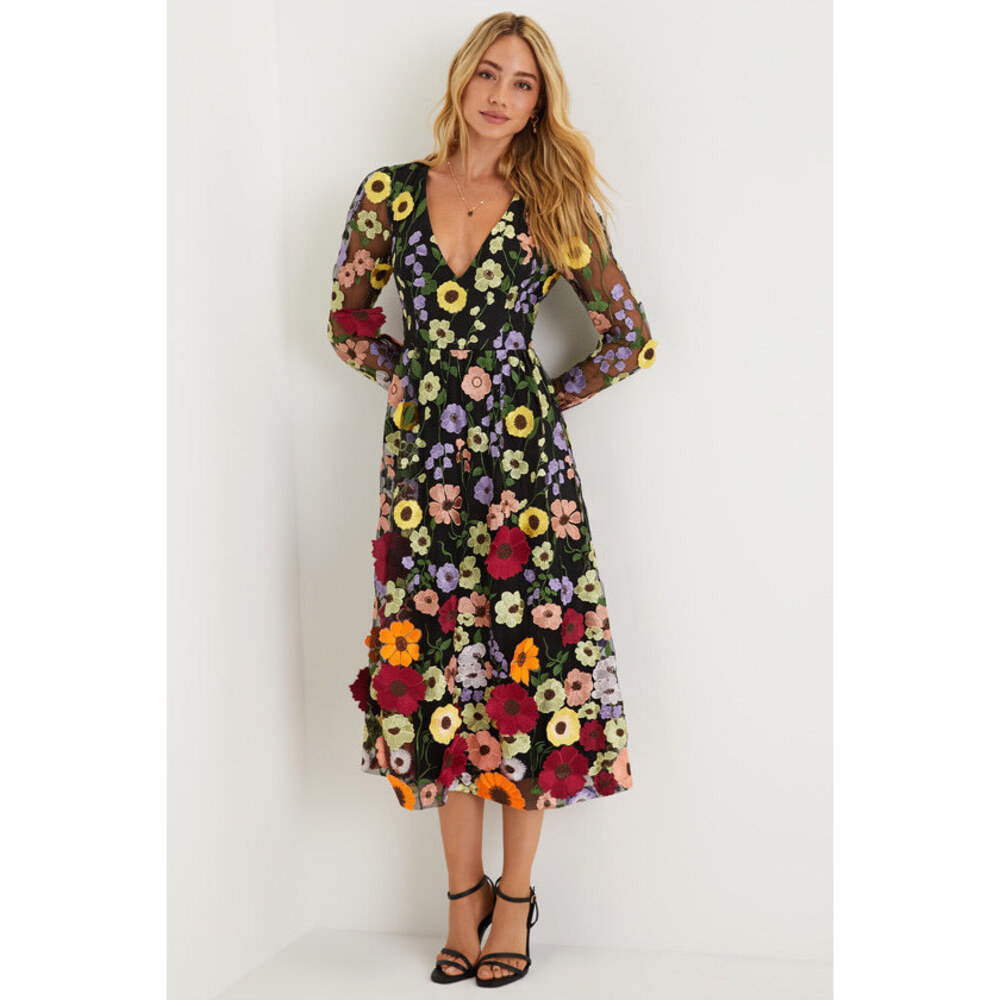 Lulus Impressive Blossom Black 3d Floral Embroidered Midi Dress - Size M